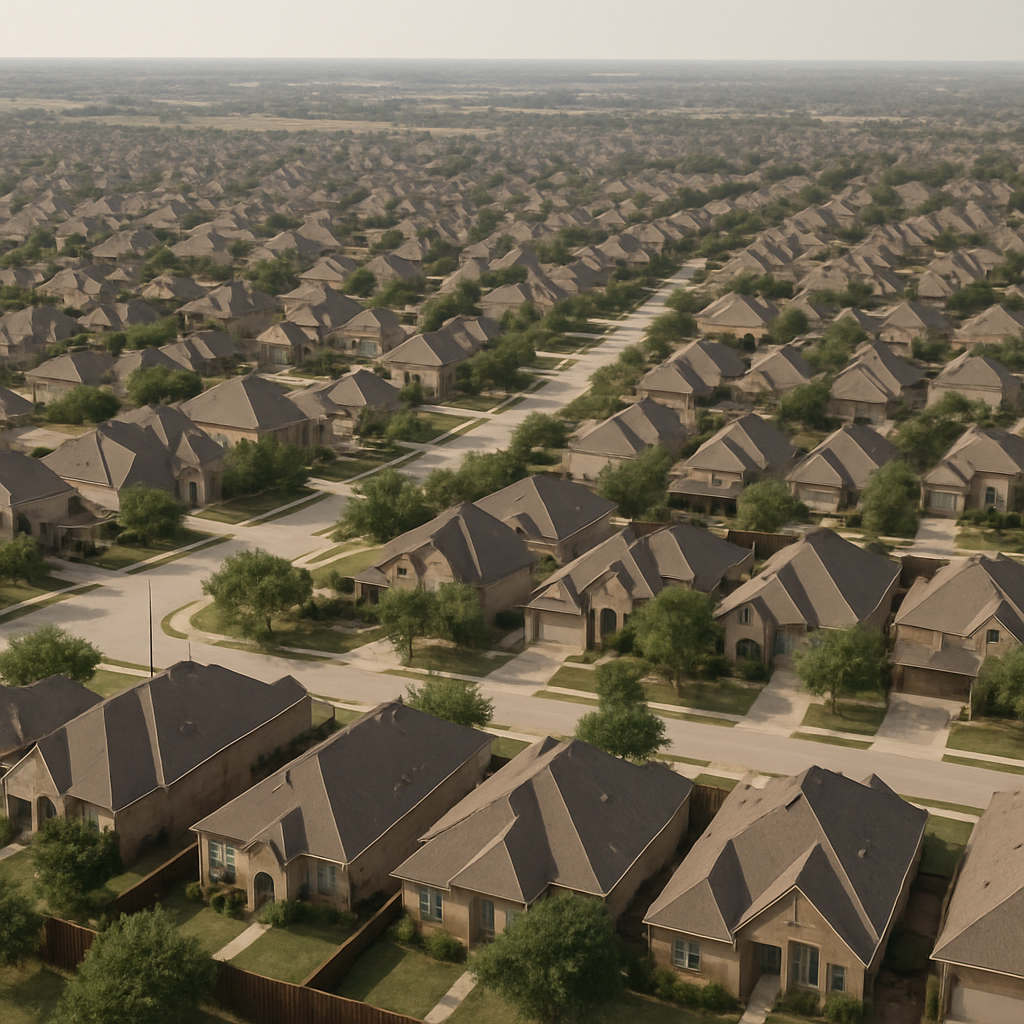 map-style aerial photo composite of rooftops and neighborhoods